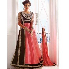 Pink and Brown WEDDING WEAR GEORGETTE & NET LONG ANARKALI SUIT 