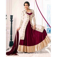 White and burgundy WEDDING WEAR GEORGETTE & NET LONG ANARKALI SUIT