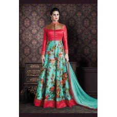 4706-C RED AND TORQUOISE CHENAB DESIGNER EMBROIDERED FLORAL ANARKALI SUIT