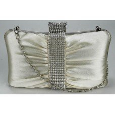 beige Satin Crystal Evening Clutch Bag