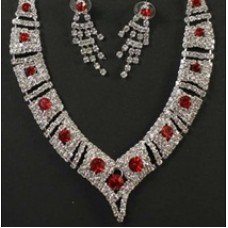 Red And Silver Crystal Diamond Style Bridal Necklace Set