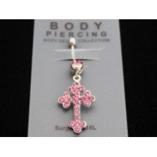 Pink Crystal Cross Belly Bar