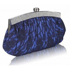 Blue Floral Satin Crystal Evening Clutch Bag