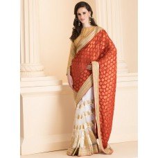 CS-24 RED AND WHITE CONTRAST HALF AND HALF SAREE WITH GOLD BLOUSE